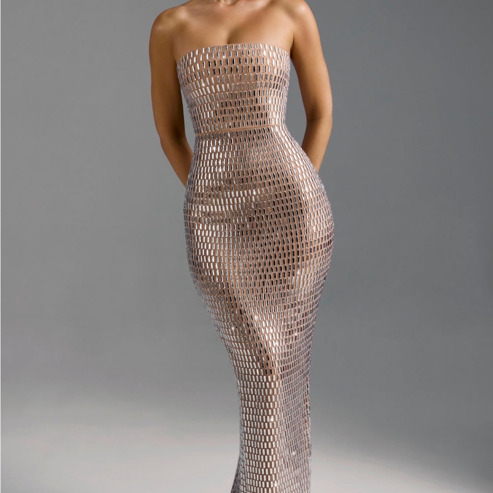 Oh Polly AMAYA Embellished Bandeau Maxi dress in Almond